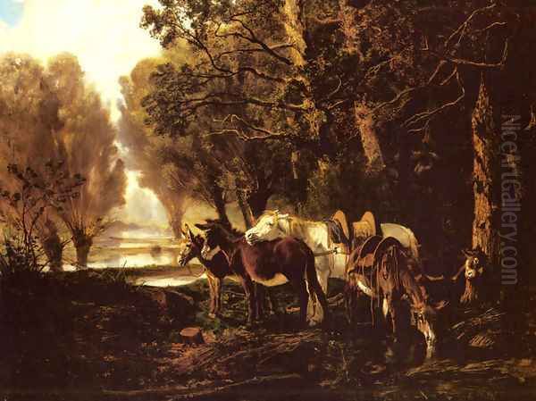 A Horse and Donkeys Awaiting the Faggot Gatherer Oil Painting by Giuseppe Palizzi