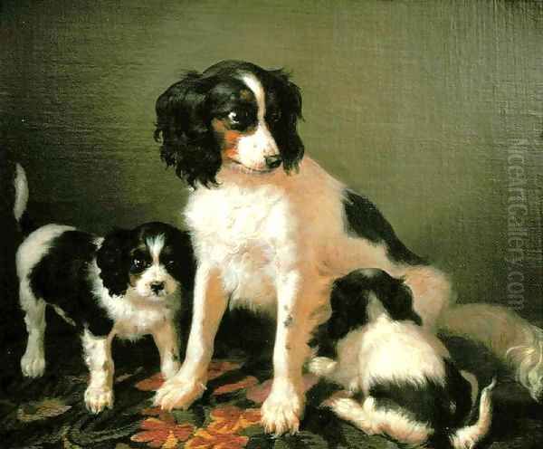 A spaniel with two puppies Oil Painting by Giuseppe Palizzi