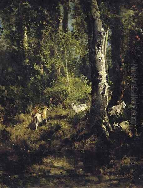 Goats Grazing in a Forest Landscape Oil Painting by Giuseppe Palizzi