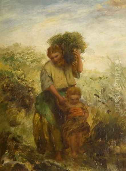 Gorse Gatherer - Child Crossing Mountain Stream Oil Painting by Paul Falconer Poole