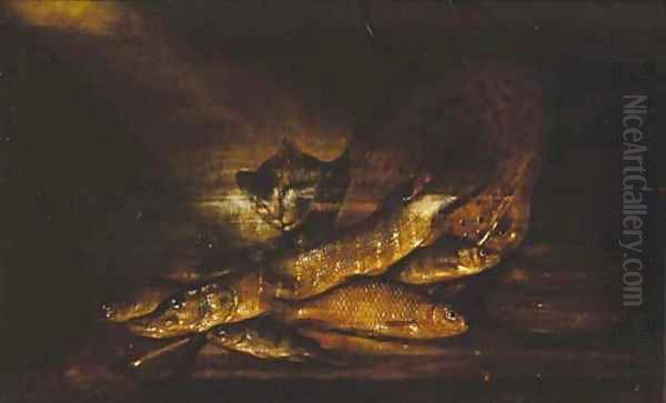 A cat with a pike, perch and other fish and a colander on a ledge Oil Painting by Pieter de Putter