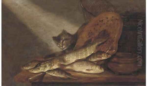 A cat, dead fish, earthenware pots and a fishing net on a table Oil Painting by Pieter de Putter