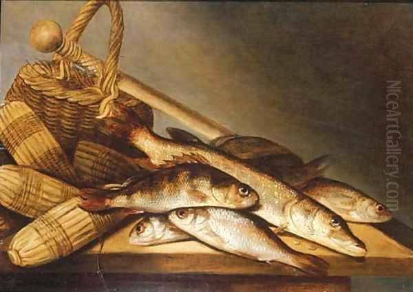 Pike, rudd and perch with fishing-nets and a basket on a wooden ledge Oil Painting by Pieter de Putter