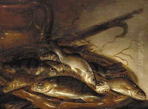 Pike and perch on an earthenware dish Oil Painting by Pieter de Putter