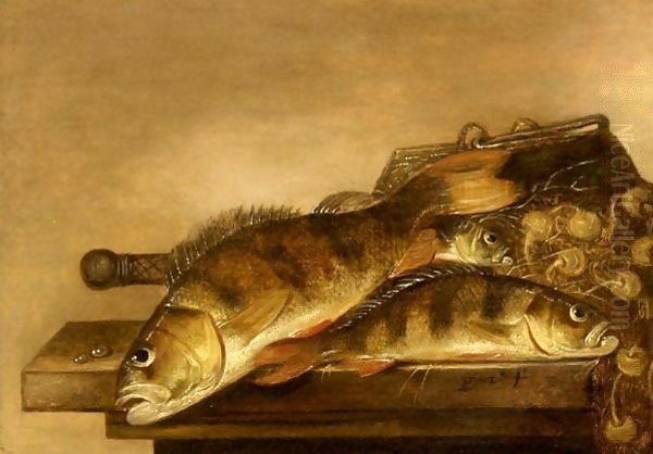 Sea bream, a fishing basket and nets on a wooden table Oil Painting by Pieter de Putter