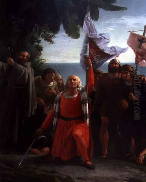 The First Disembarkation of Christopher Columbus in America, detail of Christopher Columbus 1451-1206 giving thanks, 1862 Oil Painting by Dioscoro Teofilo de la Puebla Tolin