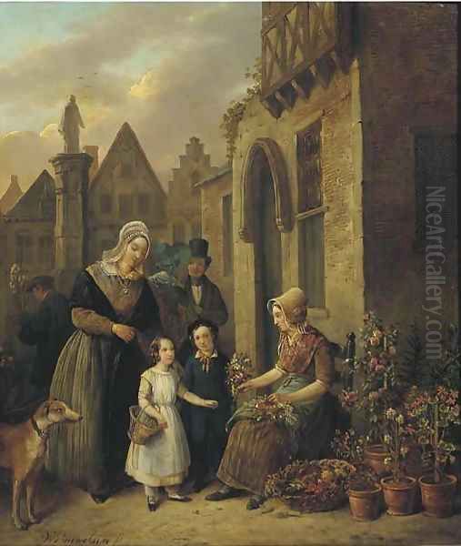 Children buying flowers for mummy Oil Painting by Willem Pouwelsen