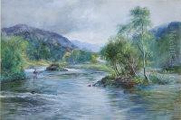 Highland Salmon River Landscape With Fishermen Oil Painting by John MacWhirter