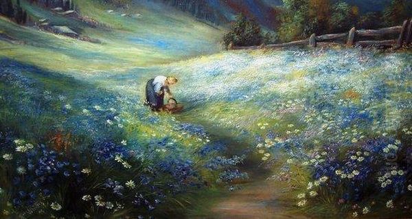 Picking Flowers In A Meadow Oil Painting by John MacWhirter