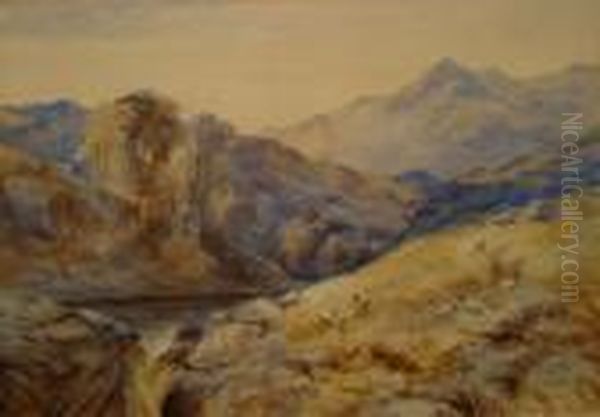 A Mountainous River Landscape With Sheep Grazing Oil Painting by John MacWhirter