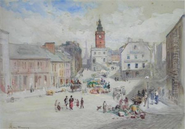 A Market Square, Possibly Dumfries Oil Painting by John MacWhirter