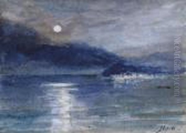 Moonlight Over Lake Como, Bellagio In The Distance Oil Painting by John MacWhirter