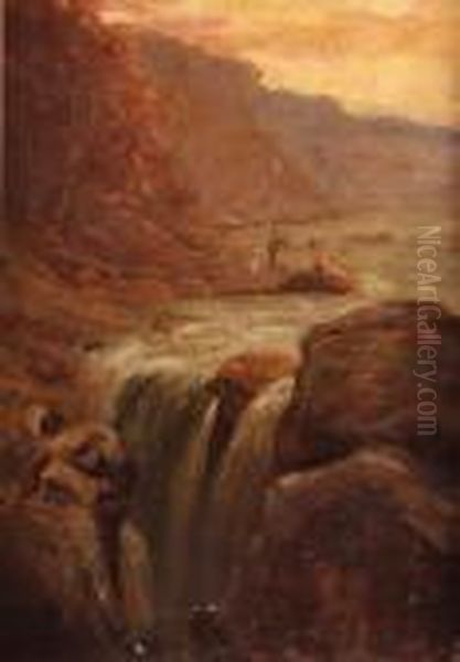 Man Fishing In A Mountainous Landscape Oil Painting by John MacWhirter