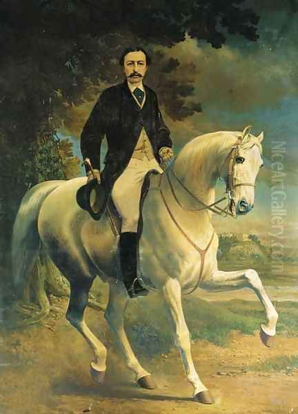 Equestrian Portrait of Henry Robert Clifton, on a grey horse, in a landscape, with Clifton Castle, Nottinghamshire, beyond Oil Painting by Alfred F. De Prades