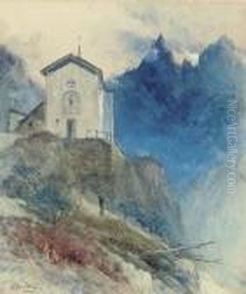 An Alpine Chapel, Courmayeur Oil Painting by John MacWhirter