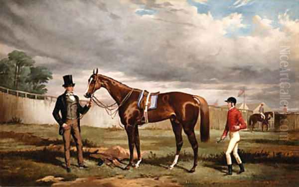 Sir Joseph Hawley's Teddington held by his Trainer Alec Taylor with the Jockey Job Marson at Epsom Oil Painting by Alfred F. De Prades