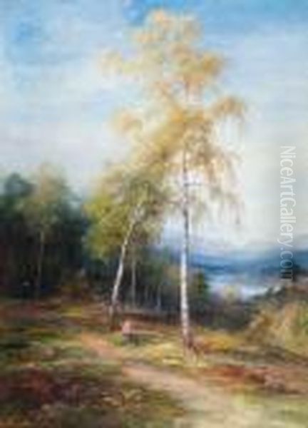 Peasant Girl Near Silver Birches In An Extensive Landscape Oil Painting by John MacWhirter