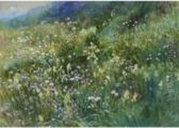 An Alpine Meadow Of Wildflowers Oil Painting by John MacWhirter