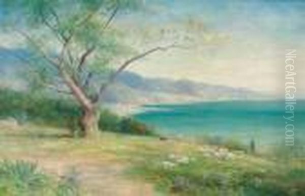 Sheep Grazing In A Mediterranean Landscape Oil Painting by John MacWhirter