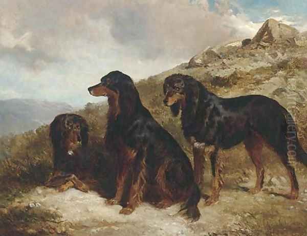 Reuben, Roland, and Rector, black and tan setters in a Highland landscape Oil Painting by Alfred F. De Prades