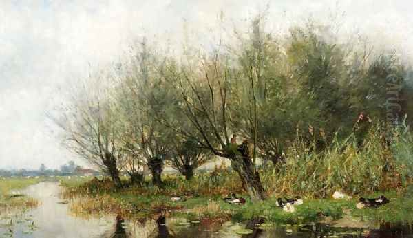 Ducks On A Riverbank Under The Pollard Willows Oil Painting by Geo Poggenbeek