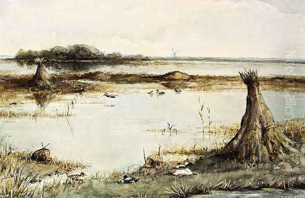 Ducks In A Landscape Near Kortenhoef Oil Painting by Geo Poggenbeek