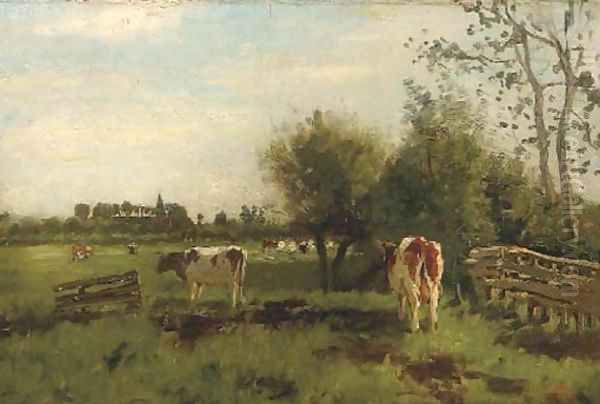 Cows in a meadow in spring, a church beyond Oil Painting by Geo Poggenbeek