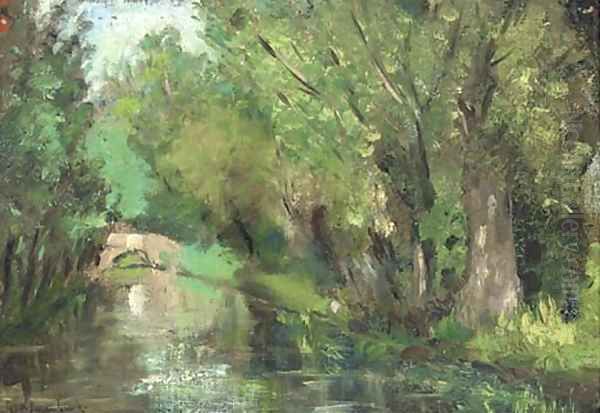 A wooded river landscape Oil Painting by Geo Poggenbeek