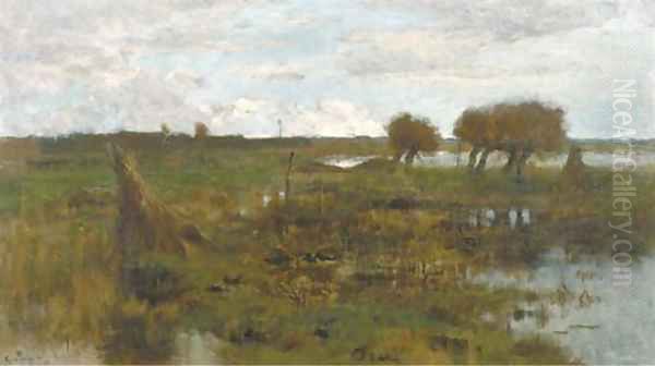 A polder landscape with willows Oil Painting by Geo Poggenbeek