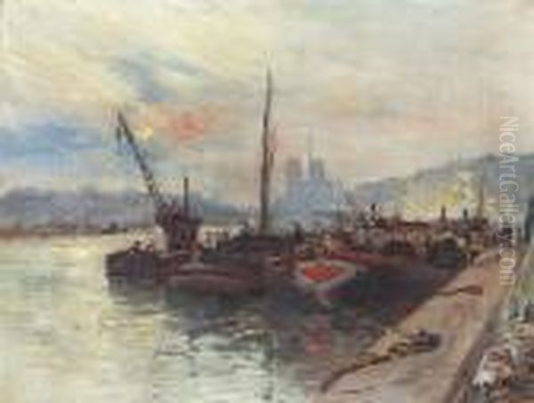 Schiffe Am Seineufer In Paris Mit Notre-dame Oil Painting by Gustave Madelain