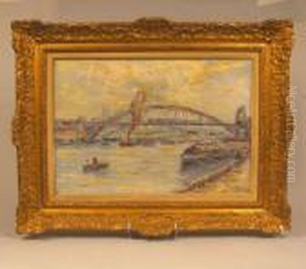 Passerelle Du Metro Au Quai De La Rapee. Oil Painting by Gustave Madelain