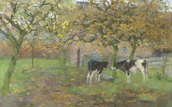 Calfs in the orchard Oil Painting by Geo Poggenbeek