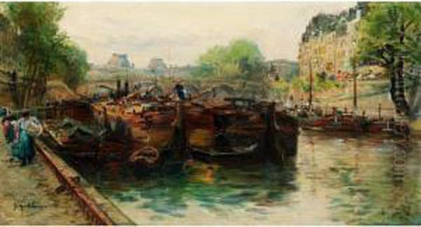 Pariser Stadtansicht Mit Schiffen Aufder Seine Oil Painting by Gustave Madelain