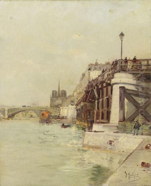 La Seine, Vue De Paris Oil Painting by Gustave Madelain