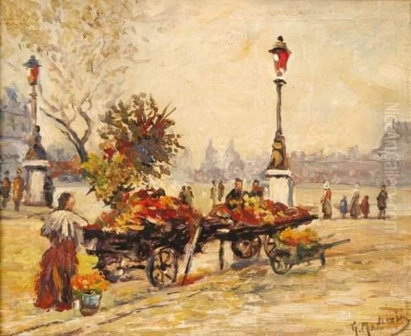 Marchands De Fleurs A Paris Oil Painting by Gustave Madelain