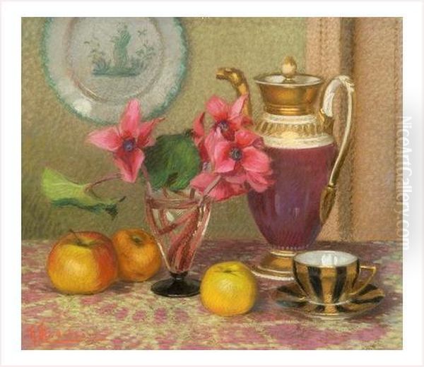 Pommes, Cyclamens Et Cafetiere Oil Painting by Gustave Madelain