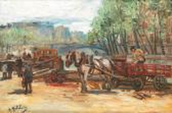 Le Debarquement Du Bois Sur Les Quais A Paris Oil Painting by Gustave Madelain