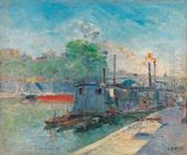 Paris, Les Quais, Le Bateau-lavoir Oil Painting by Gustave Madelain