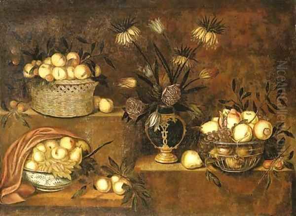 Peaches in a wicker basket, a vase of flowers and bowls with pears, grapes and pomegranates on stepped ledges Oil Painting by Antonio Ponce