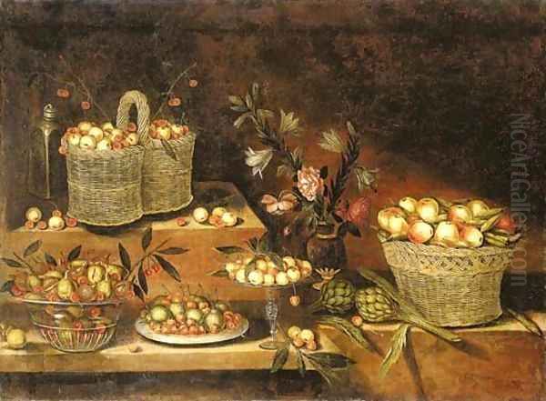 A glass bowl, a pewter plate, a tazza and wicker baskets with cherries, apples, pears, figs and other fruits, with a vase of flowers and artichokes Oil Painting by Antonio Ponce