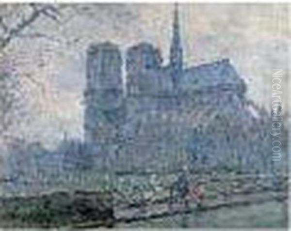 Paris, Notre-dame, Les Quais Sous La Pluie Oil Painting by Gustave Madelain