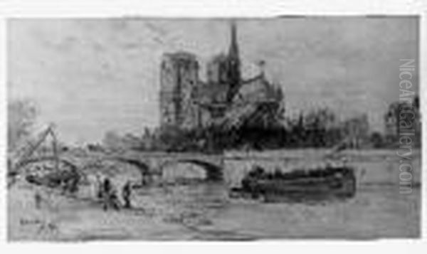 Pecheurs Devant Notre-dame Oil Painting by Gustave Madelain