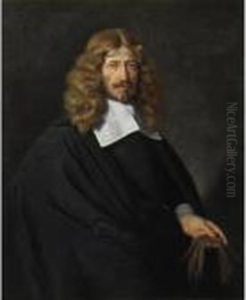 Portrait Of A Dutch Gentleman Holding A Pair Of Gloves Oil Painting by Nicolaes Maes