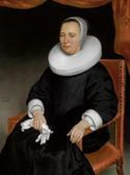 Portrait Of A Noblewoman In A Black Dress With White Collar Oil Painting by Nicolaes Maes