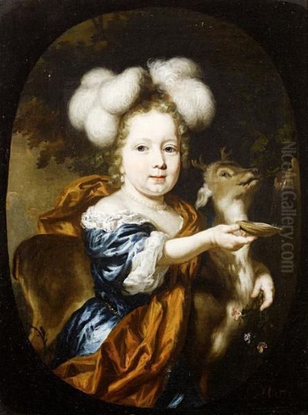 Portrait Of A Young 
Girl,three-quarter-length, In A Blue Silk Dress And Russet Shawl, Herarm
 Around A Young Deer, Holding A Sprig Of Flowers And A Shellbeneath A 
Water Fountain, Within A Painted Oval Oil Painting by Nicolaes Maes