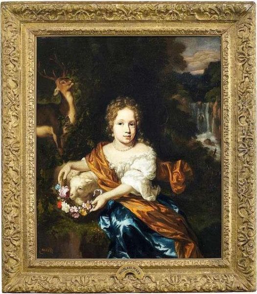 Portrait Of A Girl With A Sheep And A Deer In Front Of A Landscape With A Cascade. Oil Painting by Nicolaes Maes