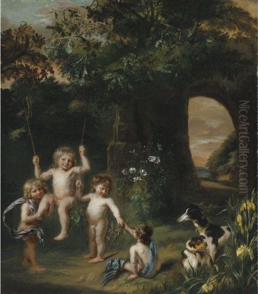 Children Playing With A Swing In A Classical Garden Setting Oil Painting by Nicolaes Maes