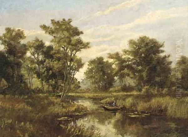 An angler on a quiet stretch of the river Oil Painting by Pierre Ernest Prins