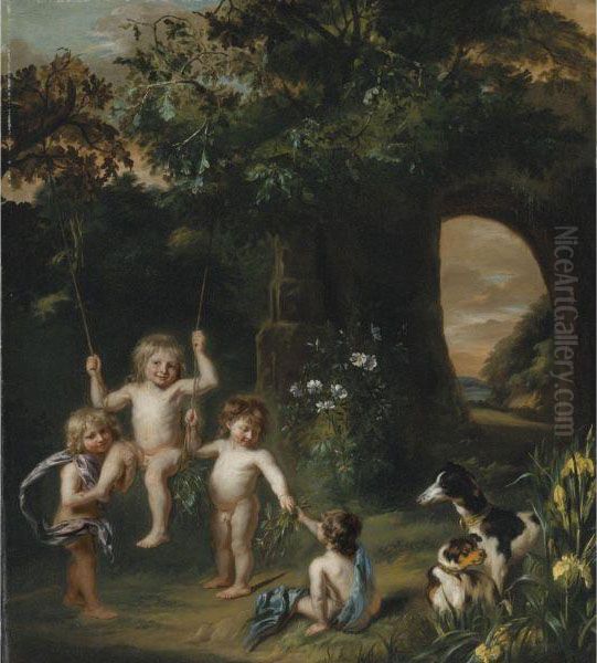 Children Playing With A Swing In A Classical Garden Setting Oil Painting by Nicolaes Maes