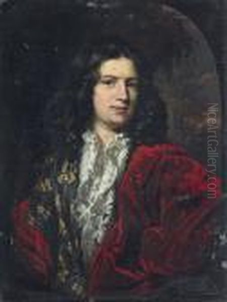 Portrait Of A Gentleman, 
Half-length, In A White Shirt With A Lace Collar, A Gold-embroidered 
Silk Doublet, And A Red Velvet Mantle, In A Feigned Oval Oil Painting by Nicolaes Maes